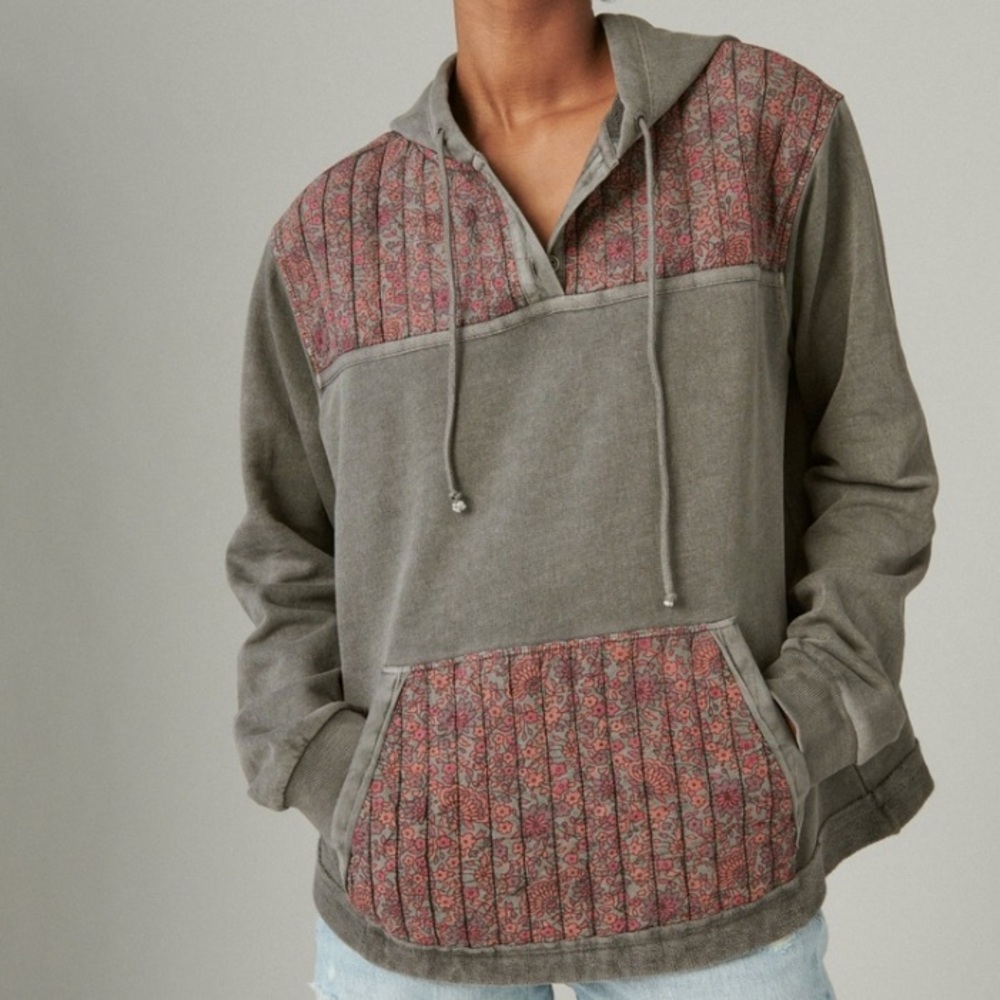 NEW LUCKY BRAND FLORAL BLOCKED HENLEY PULLOVER HOODIE SWEATER SZ S